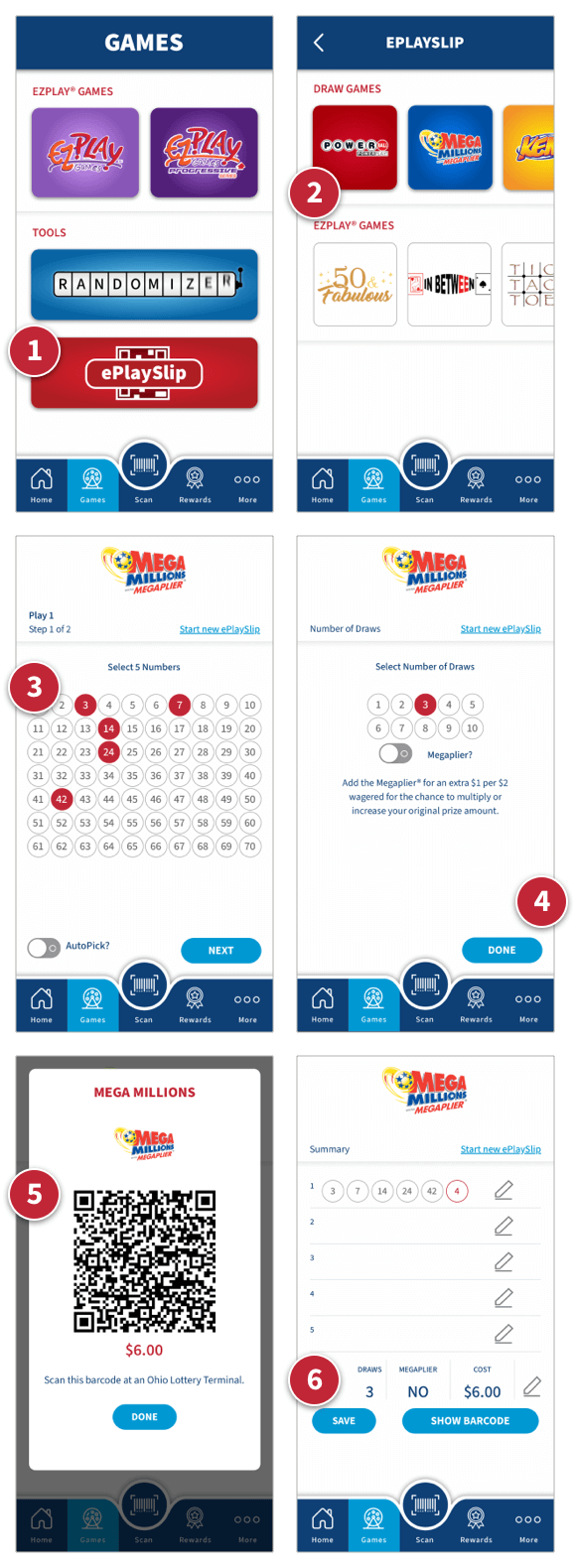 A grid of app screenshots demonstrating the ePlaySlip sequence