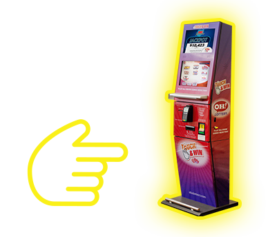 The fun is here! [finger pointing to a touch and win kiosk]