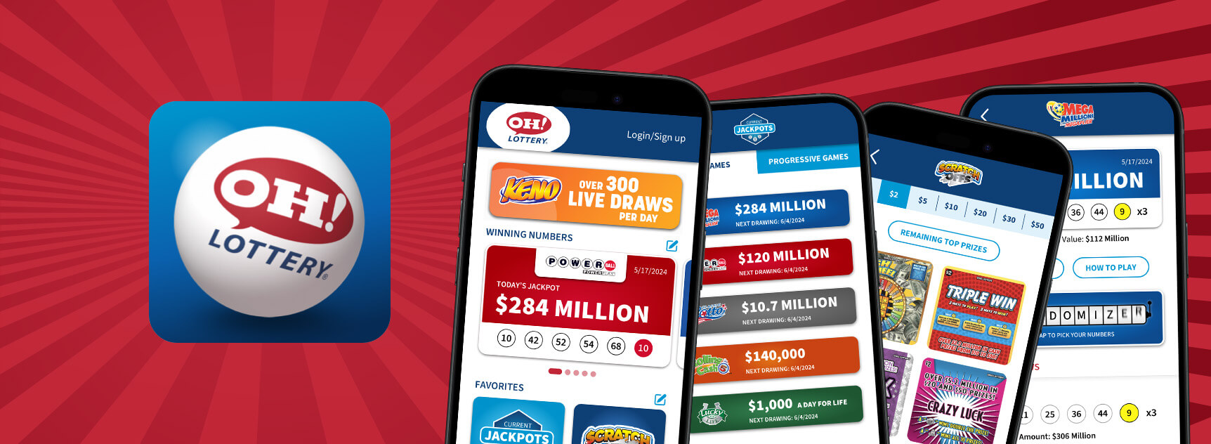 A fan of four mobile phones showing screens from the Ohio Lottery mobile app.